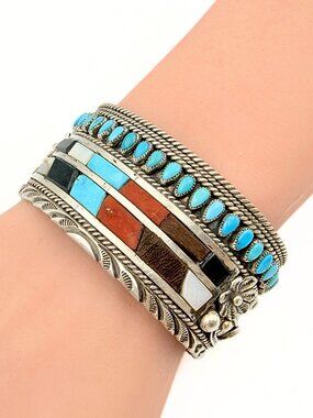 Leo Harvey Marked Navajo Sterling Silver Multi Stone Mosaic Cuff Bracelet